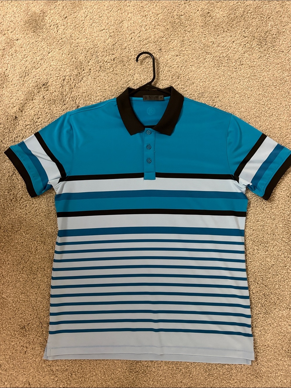 G/FORE Teal & Light Blue Striped Polo with Black Trim